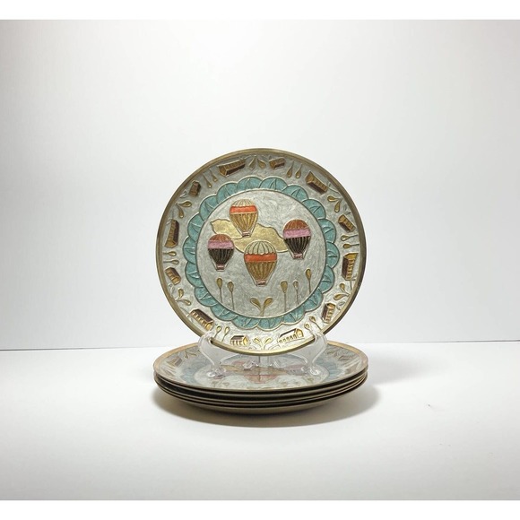 Set of 6 Mid-century 60s Painted Enamel Over Brass Hanging Plates Air Balloon 8”
